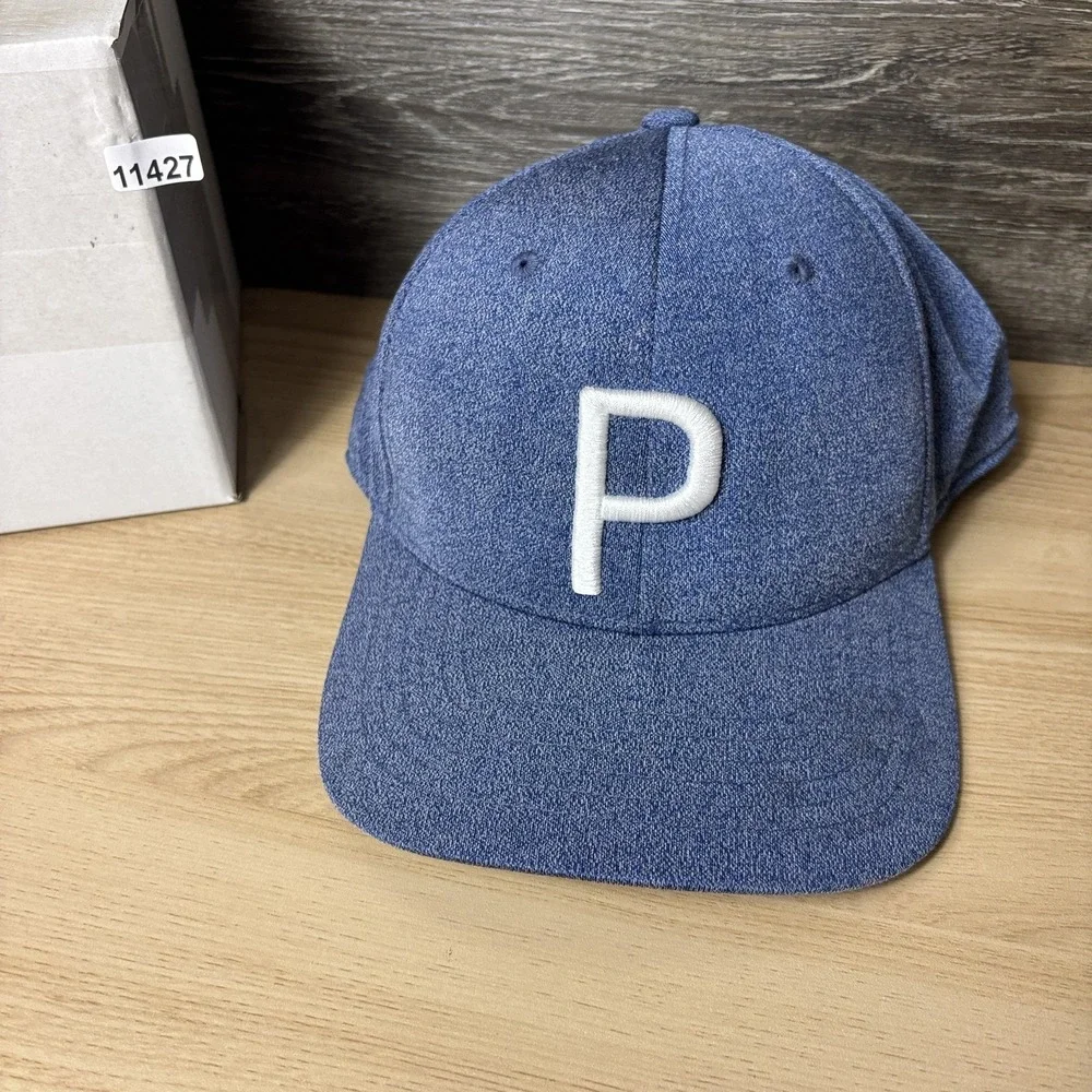 Puma Hat Cap Snap Back Blue White P Script Tour Exclusive Golf Mens Embroidered